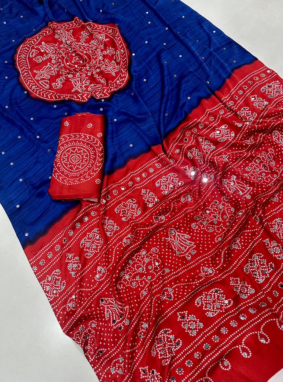 Soft satin crepe silk saree with Beautiful bandhini print and Real mirror work (prebooking)