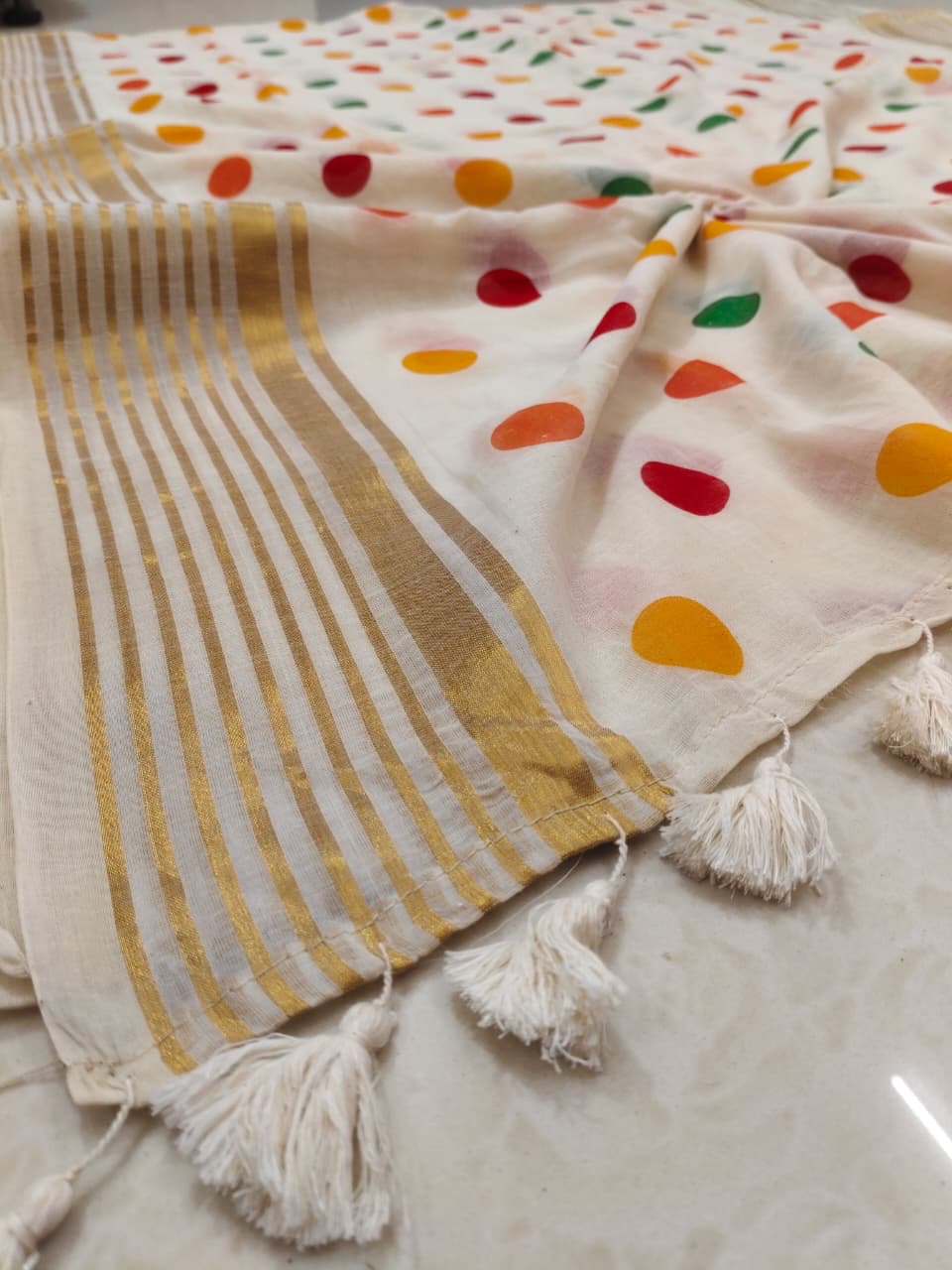 (Prebooking) Pure authentic mul cotton saree with zari stripes border and multi color polka body - without blouse