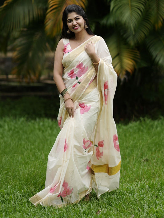 (Prebooking 15 days) Premium pink lotus printed kerala cotton saree