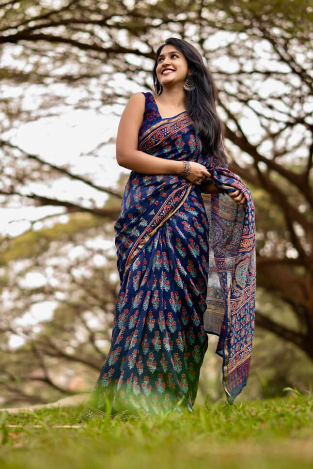 Handblock printed Chanderi silk cotton saree