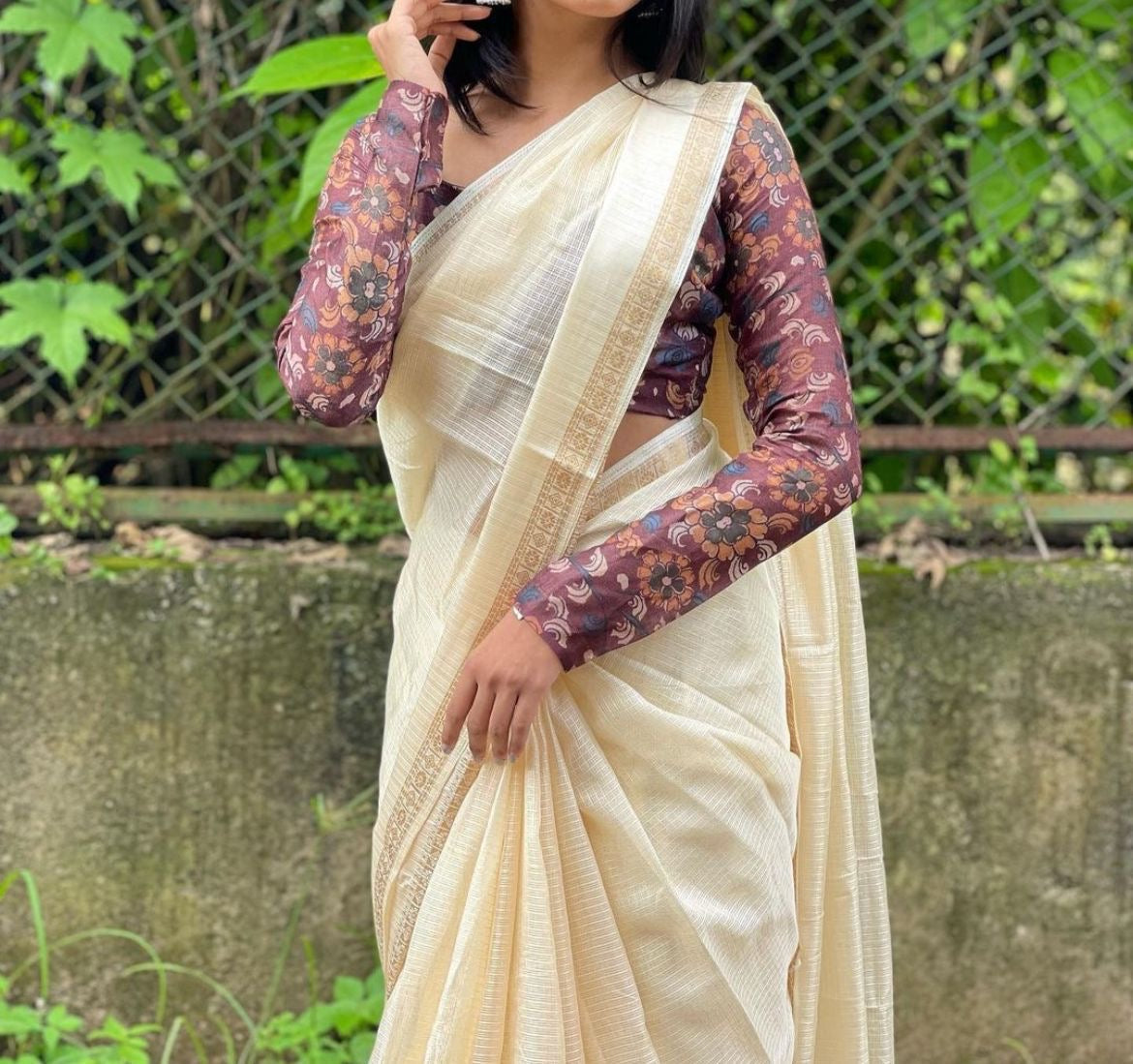 Kota checks saree with kalamkari blouse