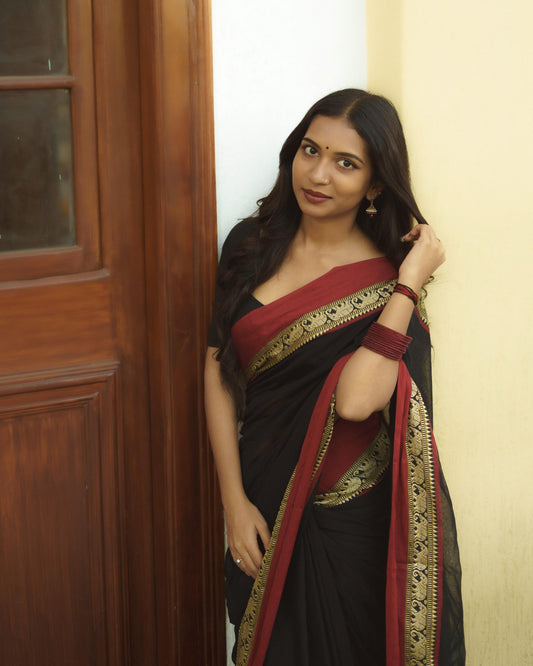 Narayanpet elephant border saree - Black