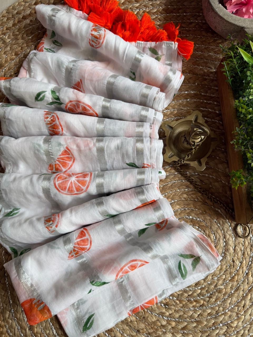 Pure mul cotton saree with cute prints and silver zari stripes