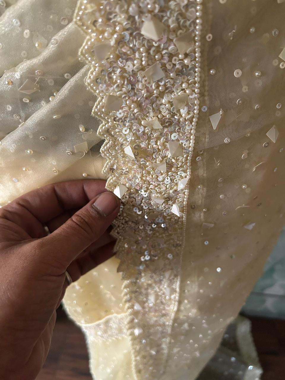 Pure tissue silk saree with pearl sequins handwork