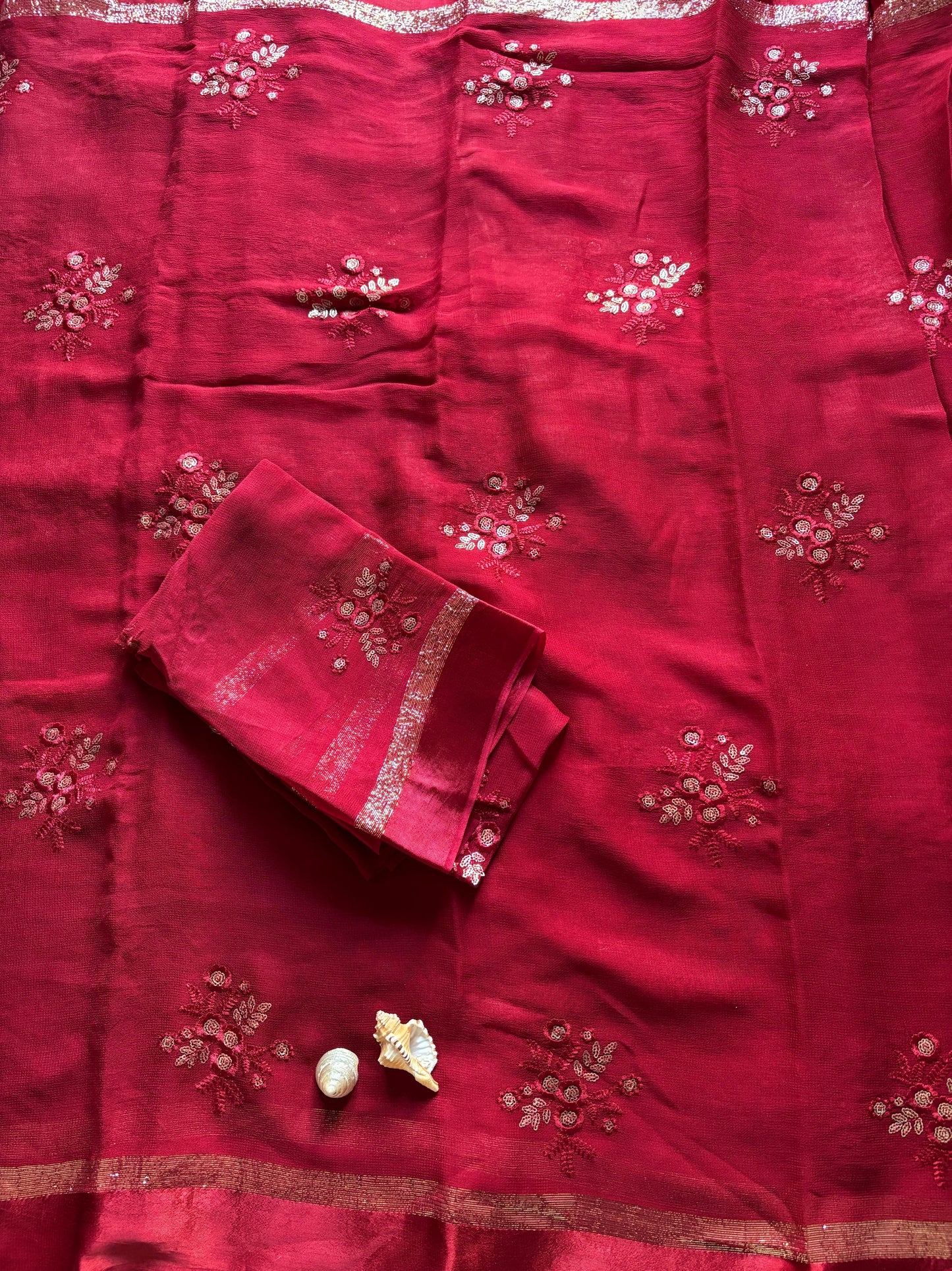 Viscous georgette saree with floral embroidery and satin border