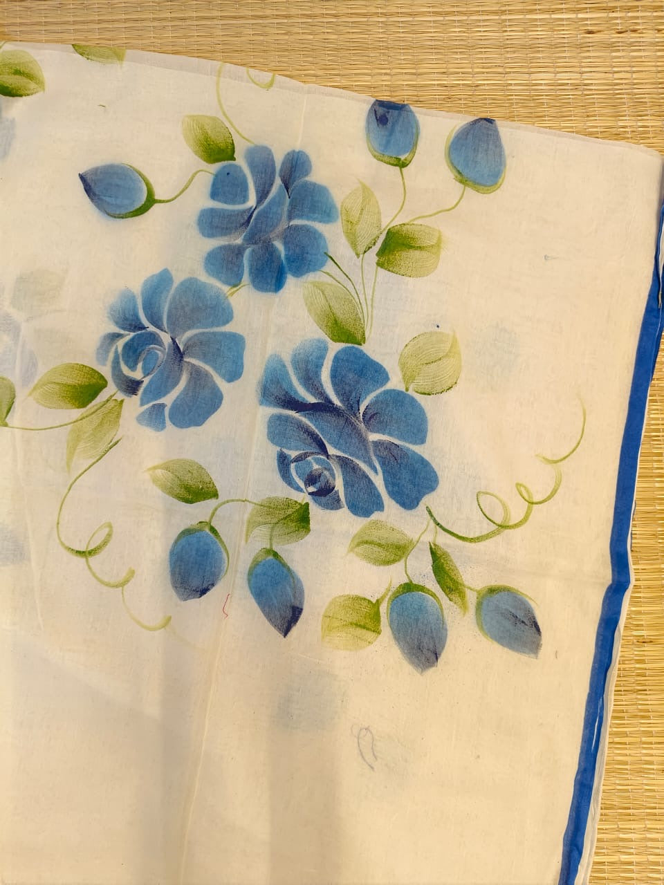 Pure mul cotton handpainted saree - Blue Roses