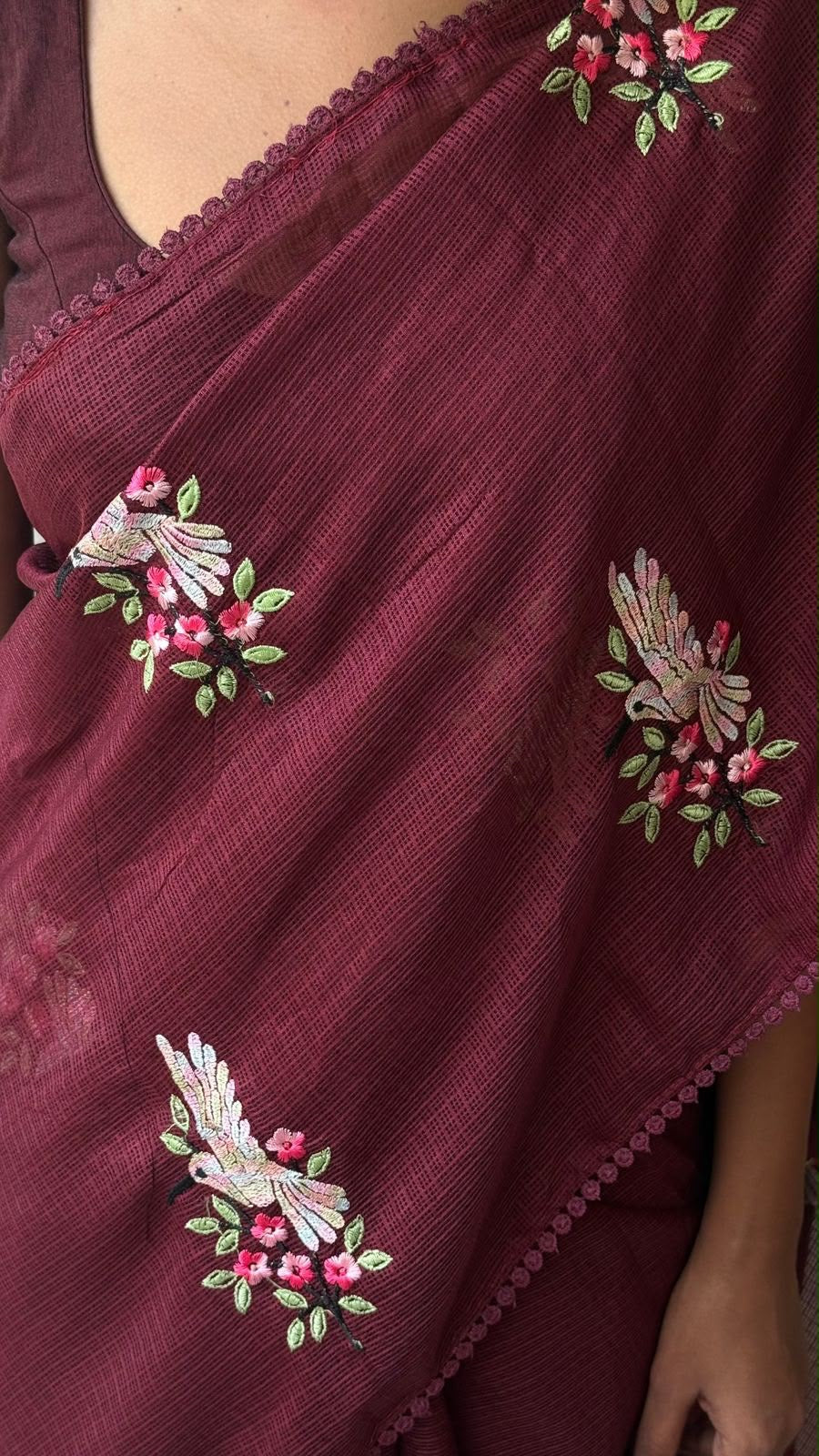 Premium kota doriya saree with multicolor thread embroidery and lace border