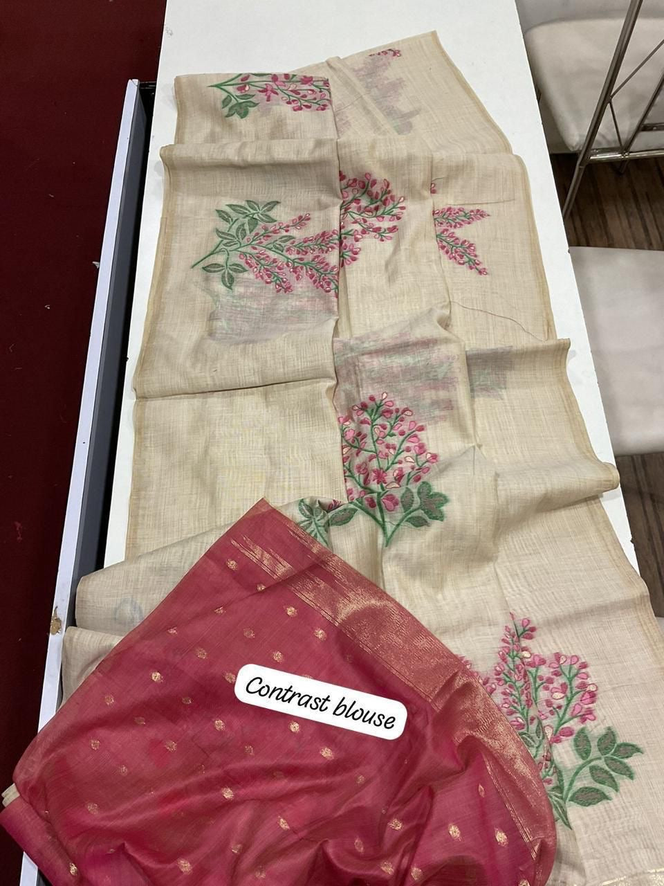 Soft off white muga cotton saree with floral weavings