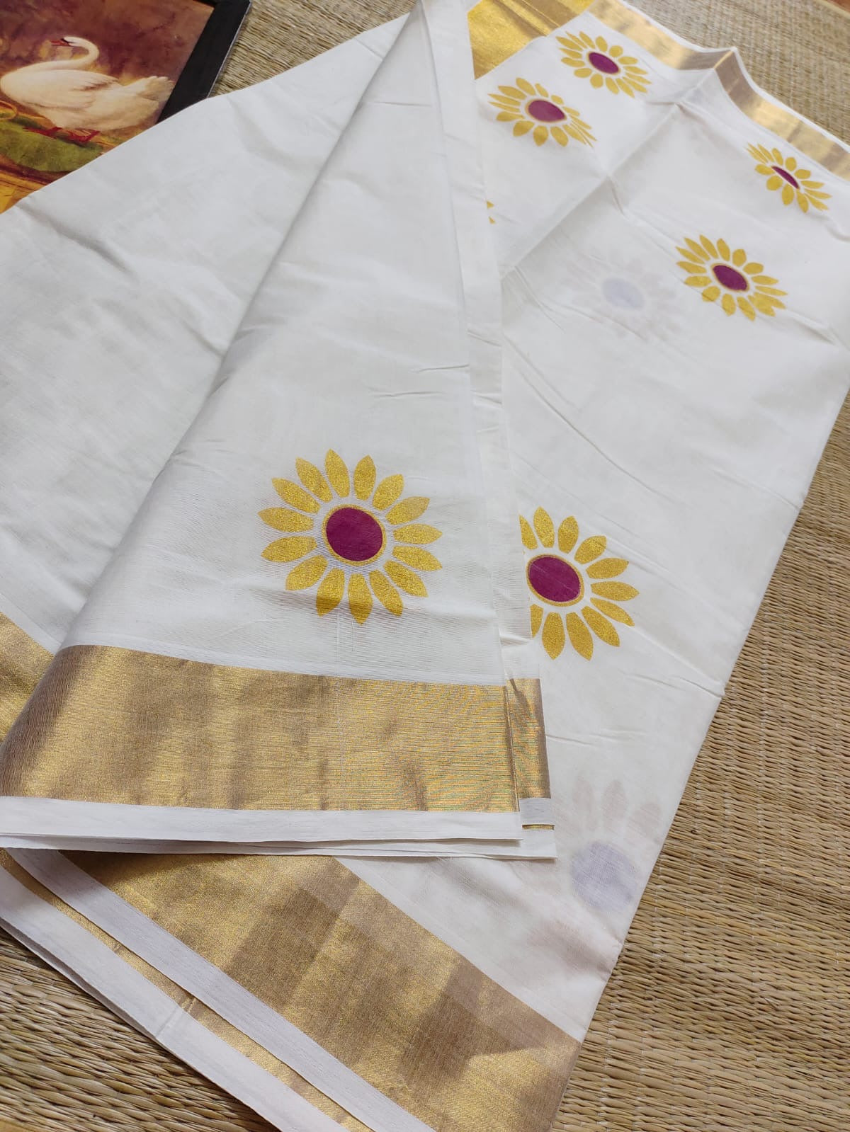Premium printed kerala cotton saree - yellow flower