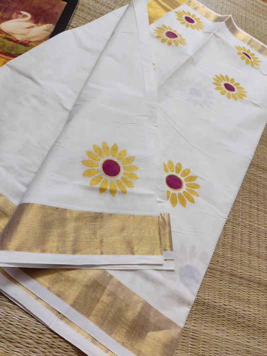 Premium printed kerala cotton saree - yellow flower
