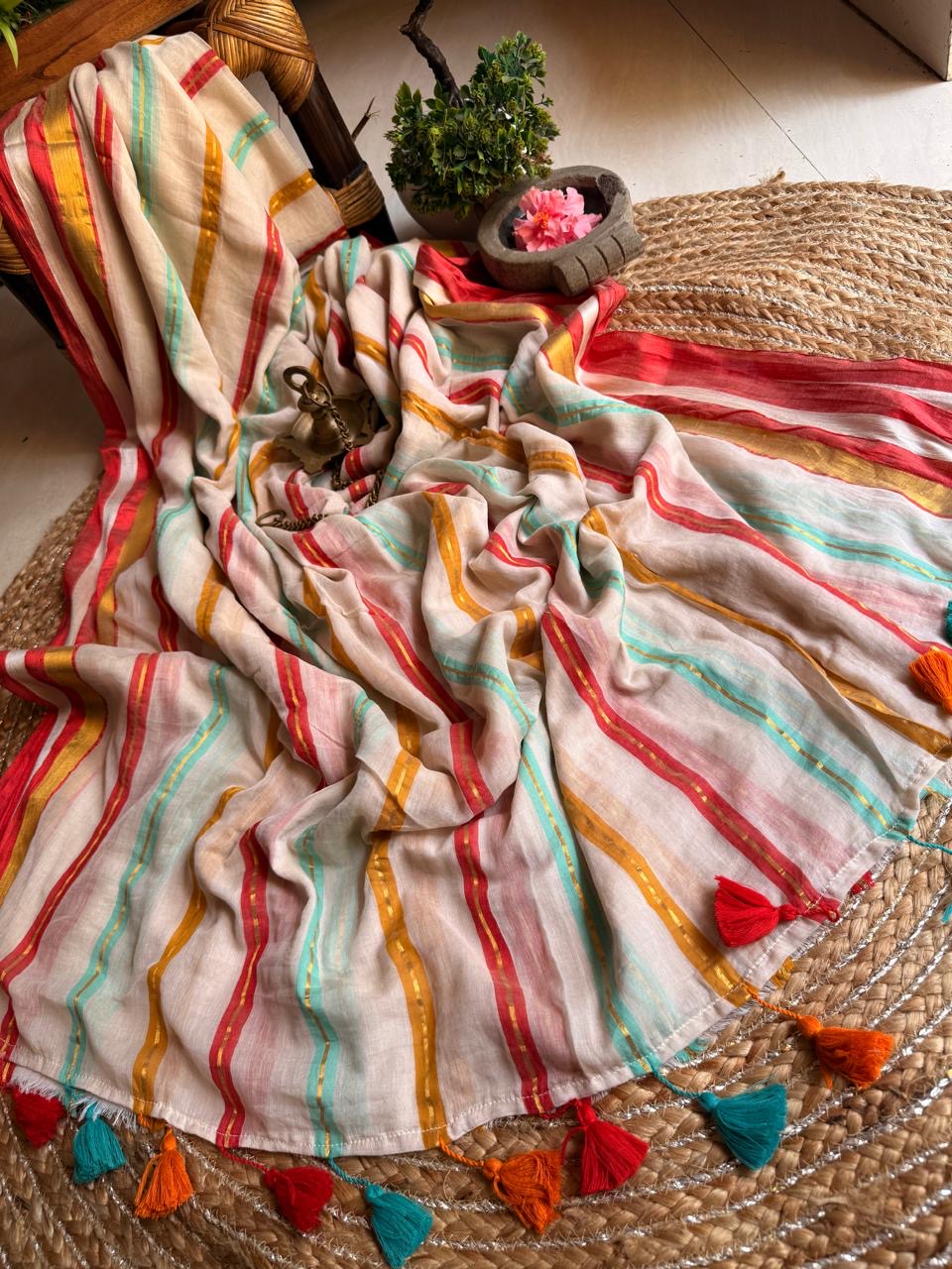 Mul cotton with multi color stripes lined with zari