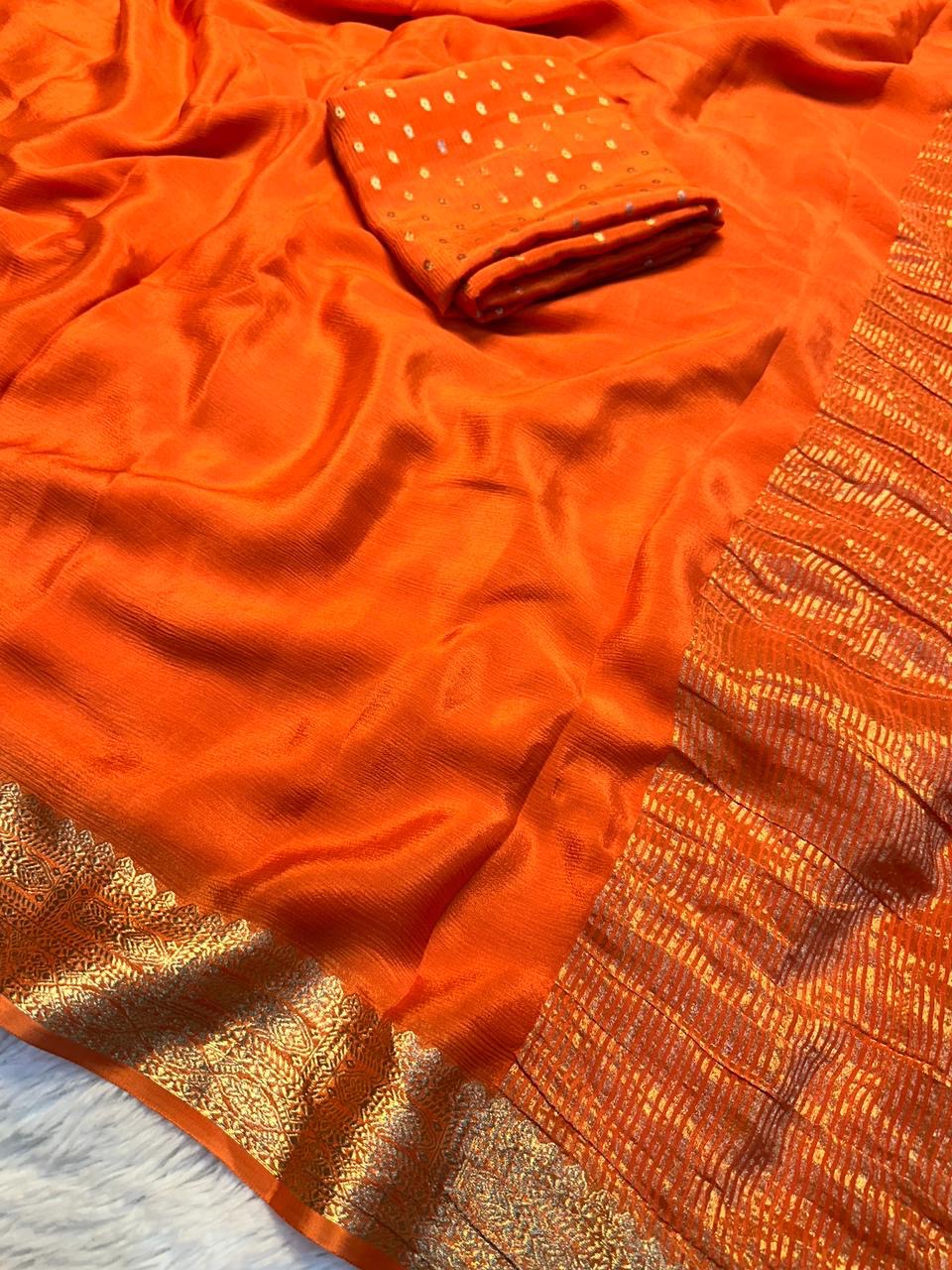 Premium viscous chinon blend saree with zari weaved border