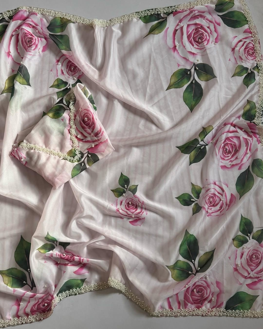 Rose printed soft mul organza saree with handwork