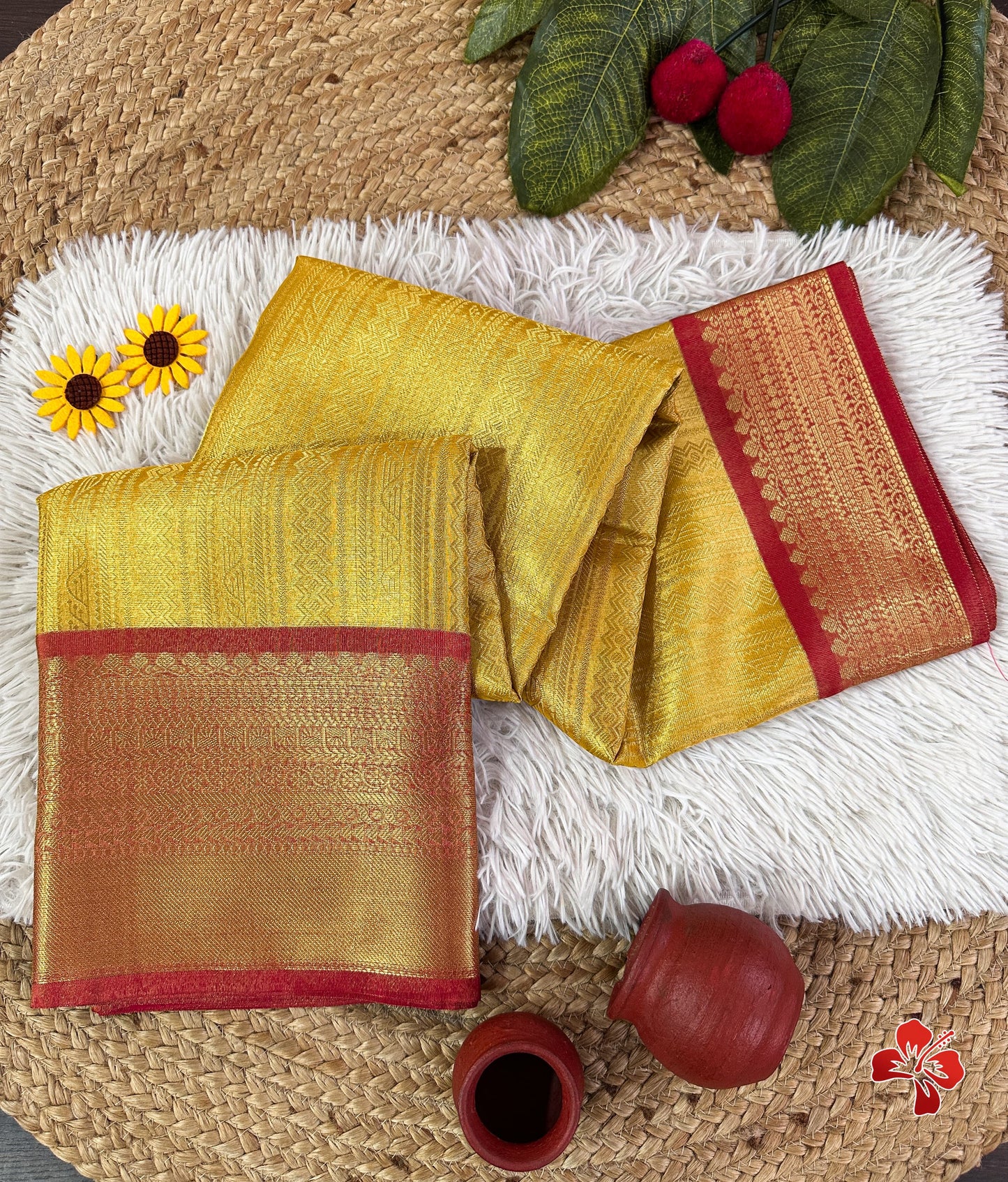 Banarasi tissue kanchi style yellow saree with contrast red border