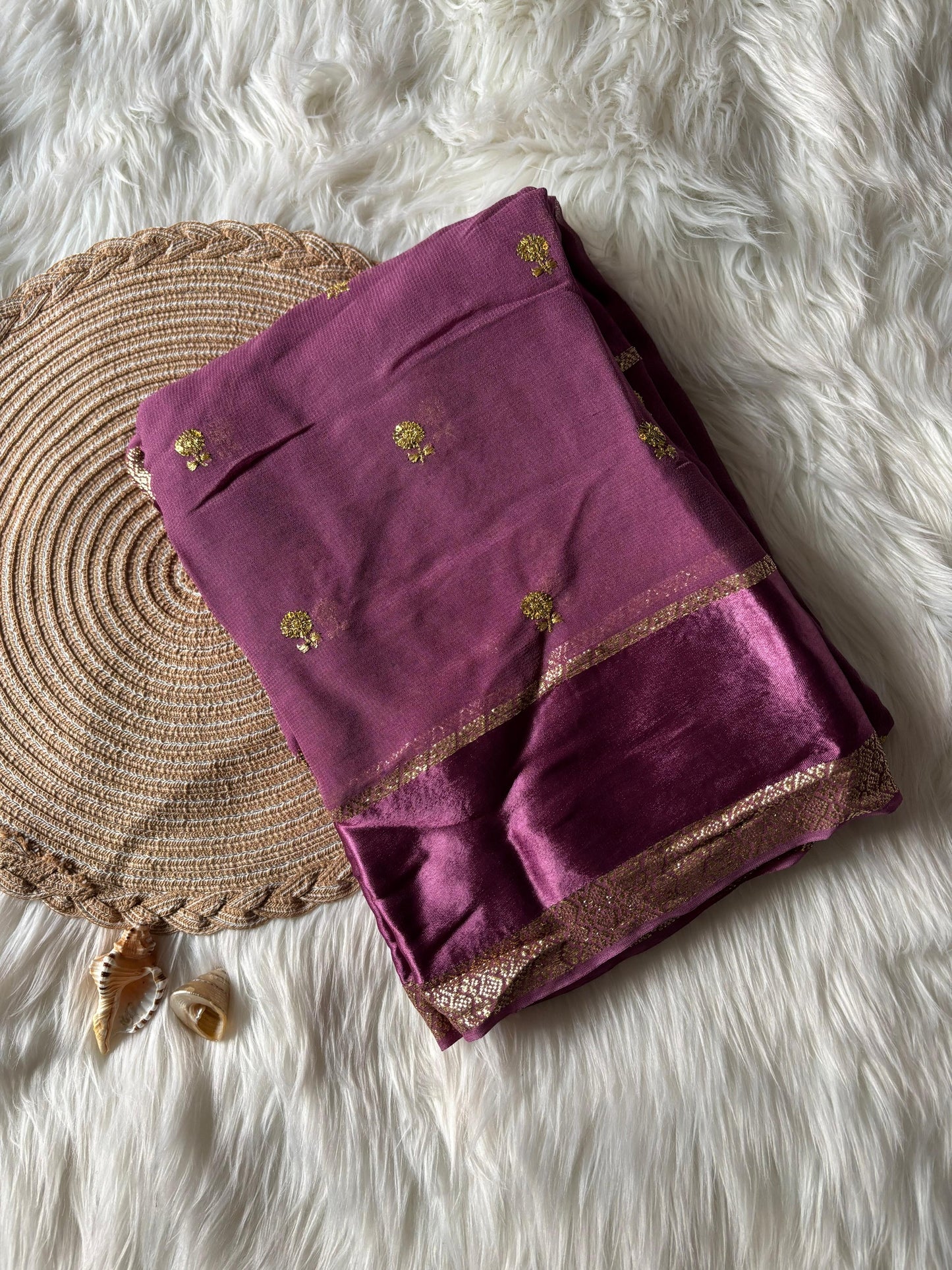 Pure georgette viscous saree with rich satin border and tiny flower buttas