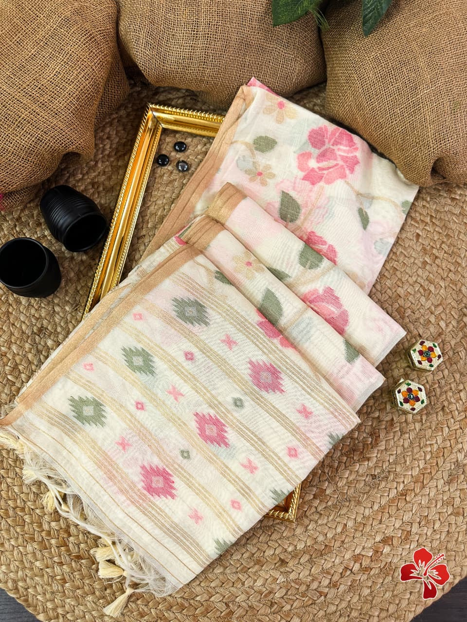 Jamdhani cotton saree with floral jaal resham and zari weavings