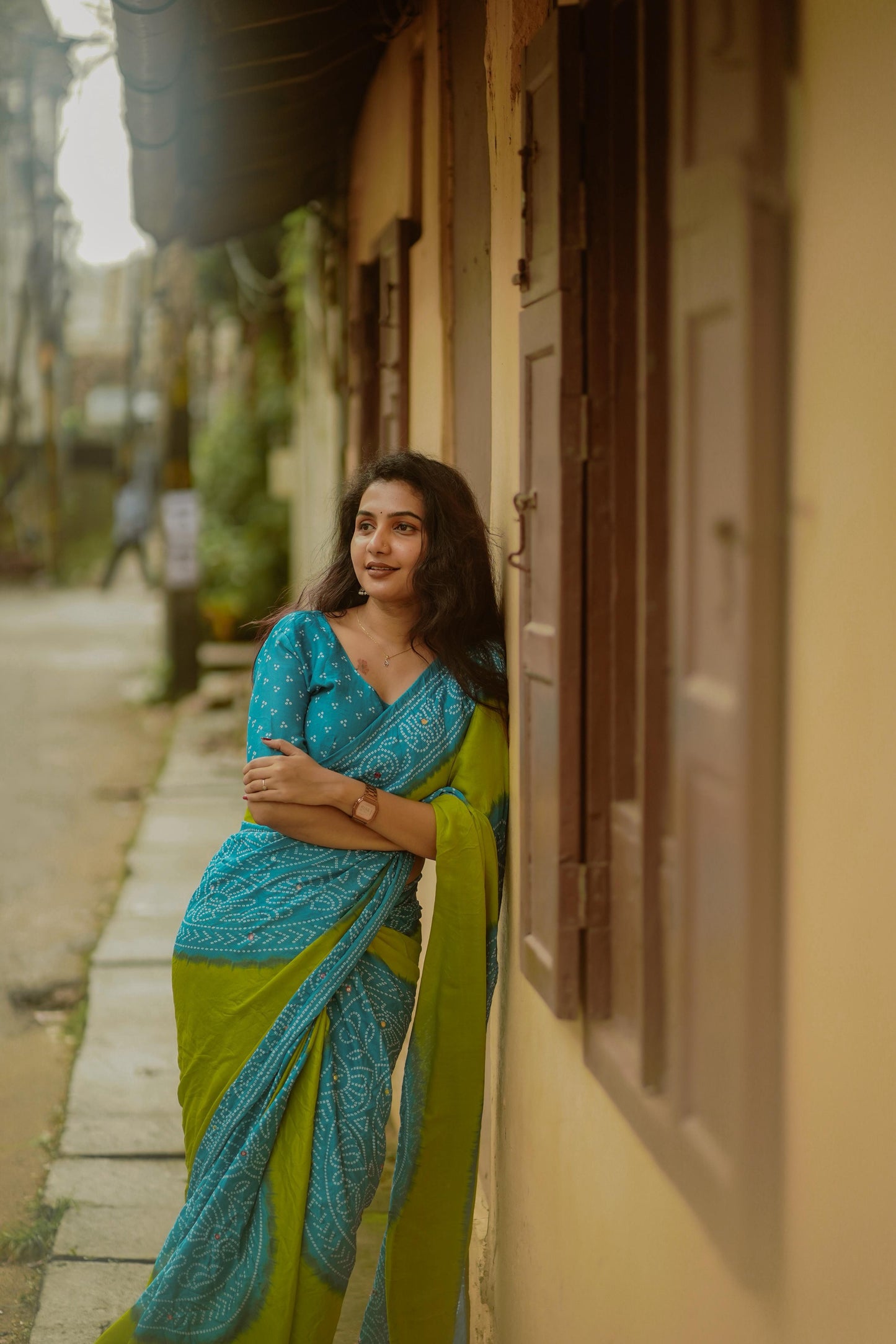 Moss bandhini printed saree with mirror work