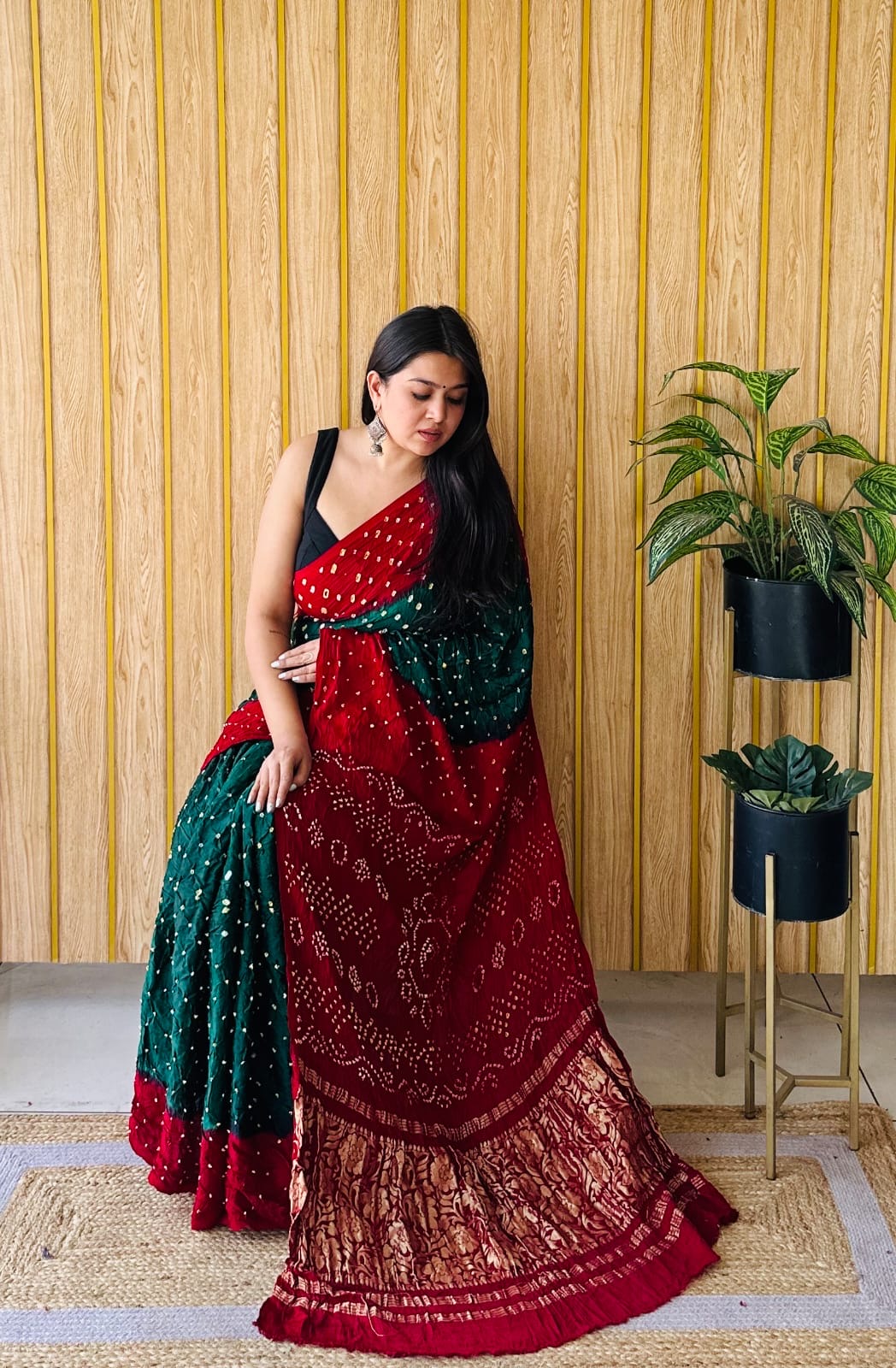 Soft modal silk with nakshi pallu and tye and dye bandhini prints