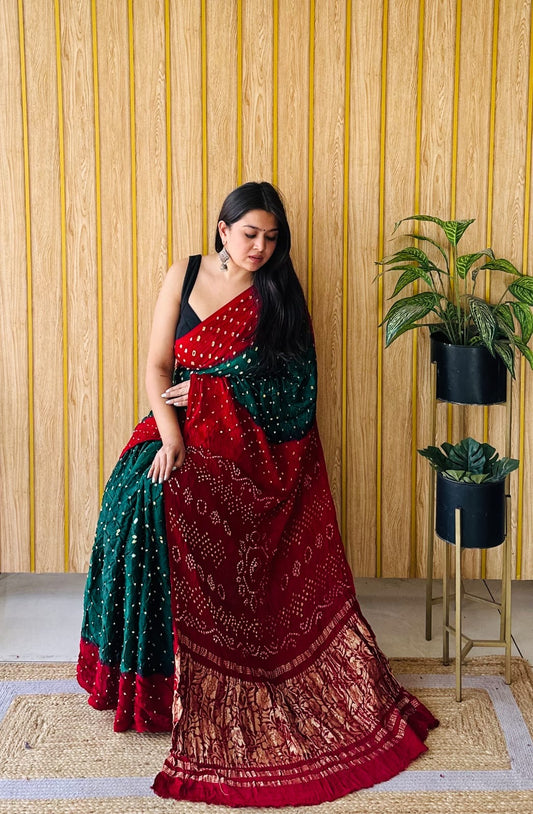 Soft modal silk with nakshi pallu and tye and dye bandhini prints