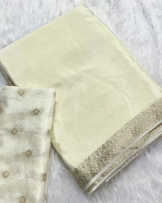 Beautiful viscous chinon saree with zari weaving border and viscous butta blouse