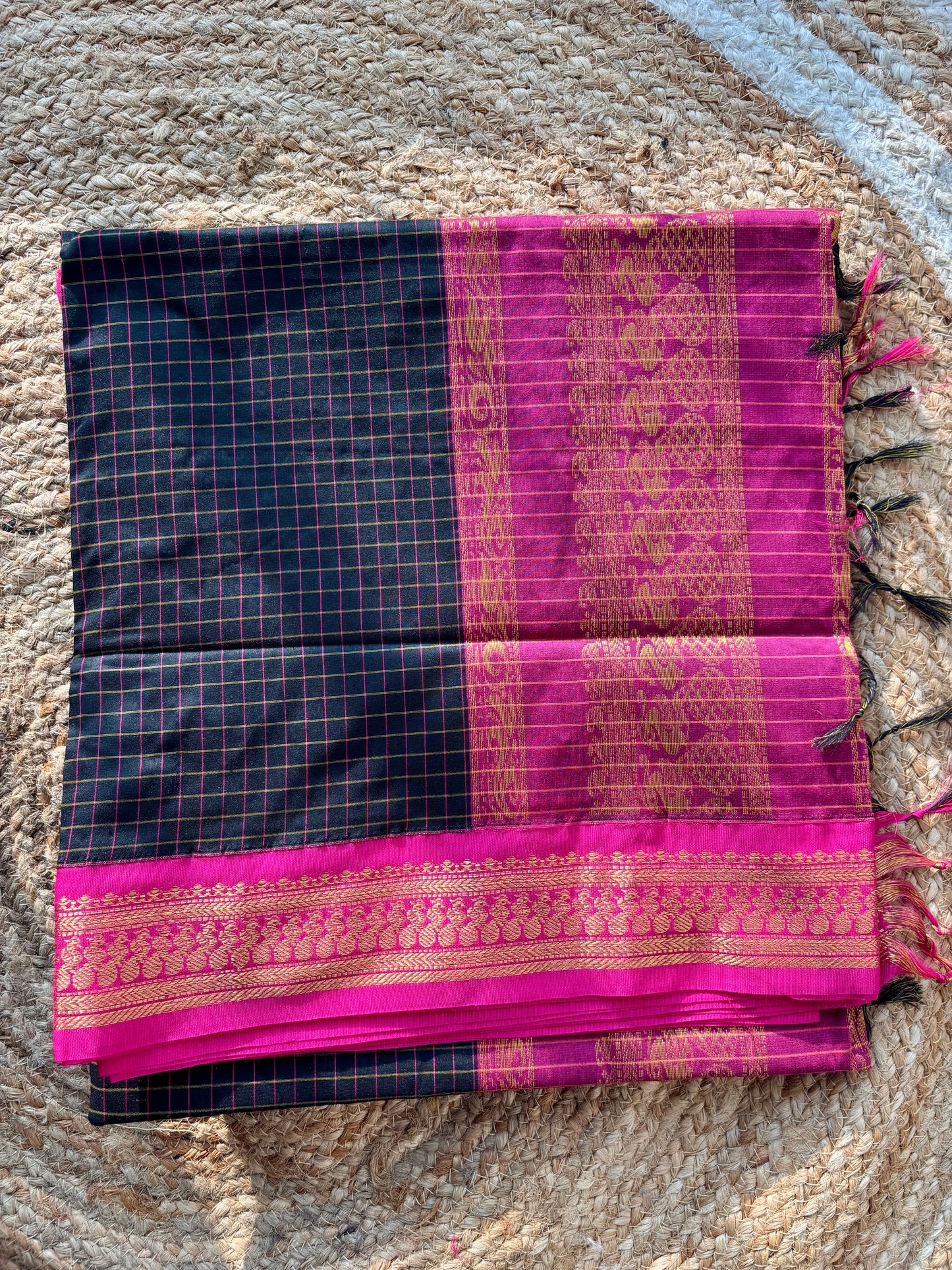 Premium silk cotton sarees with zari checks and contrast border