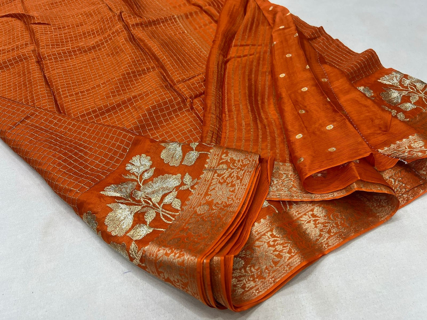 Gorgeous premium viscous chinon silk saree with zari checks and embroidered border