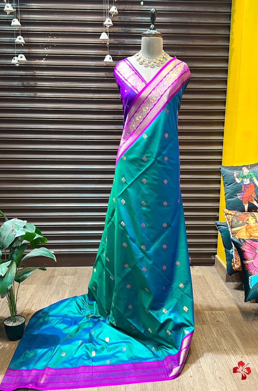 Beautiful semi kanjivaram soft silk woven saree - peacock blue and violet