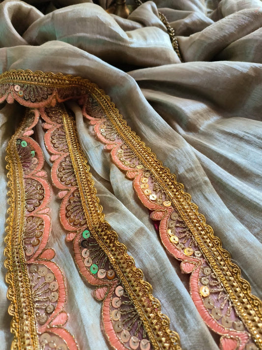 Mul tissue saree with lace border - 5