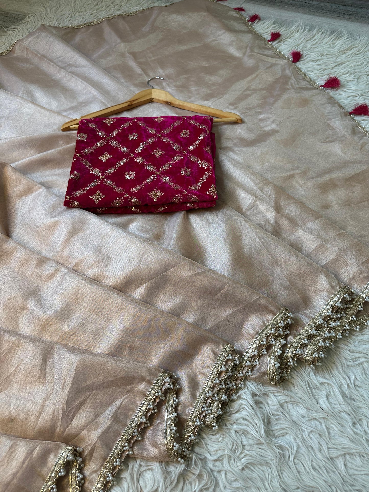 Semi Banarasi tissue silk saree with velvet designer blouse