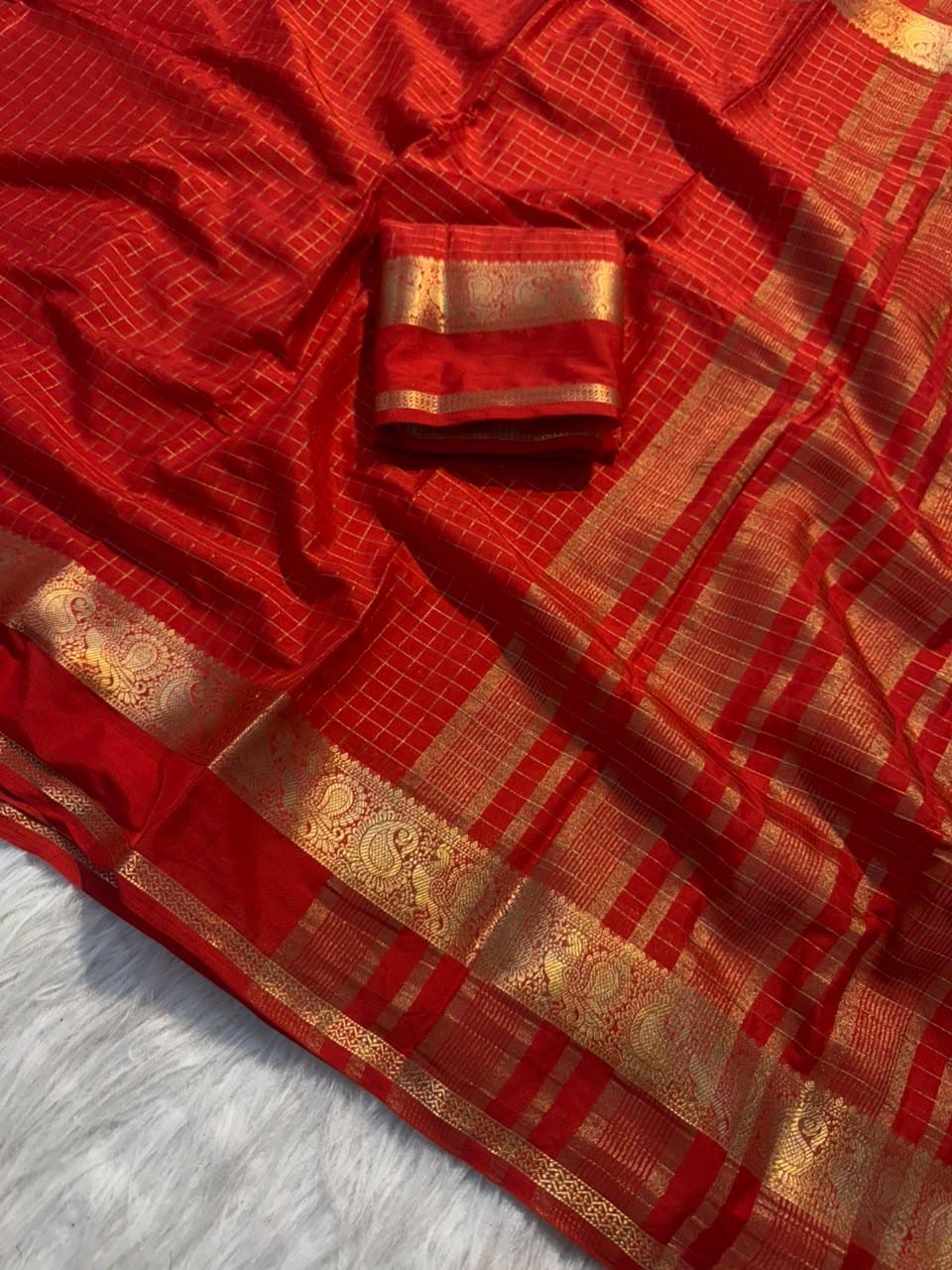 Beautiful viscous saree with checks all over and chit pallu