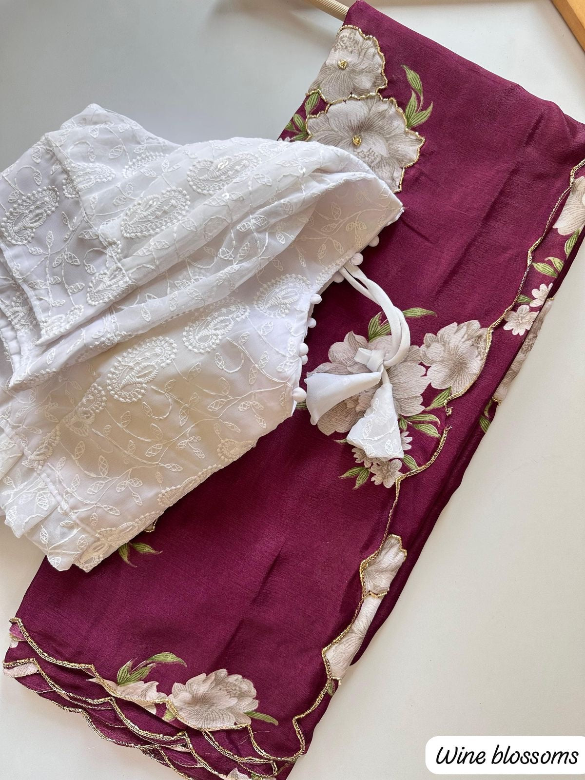 Floral chinon silk saree with embroidery