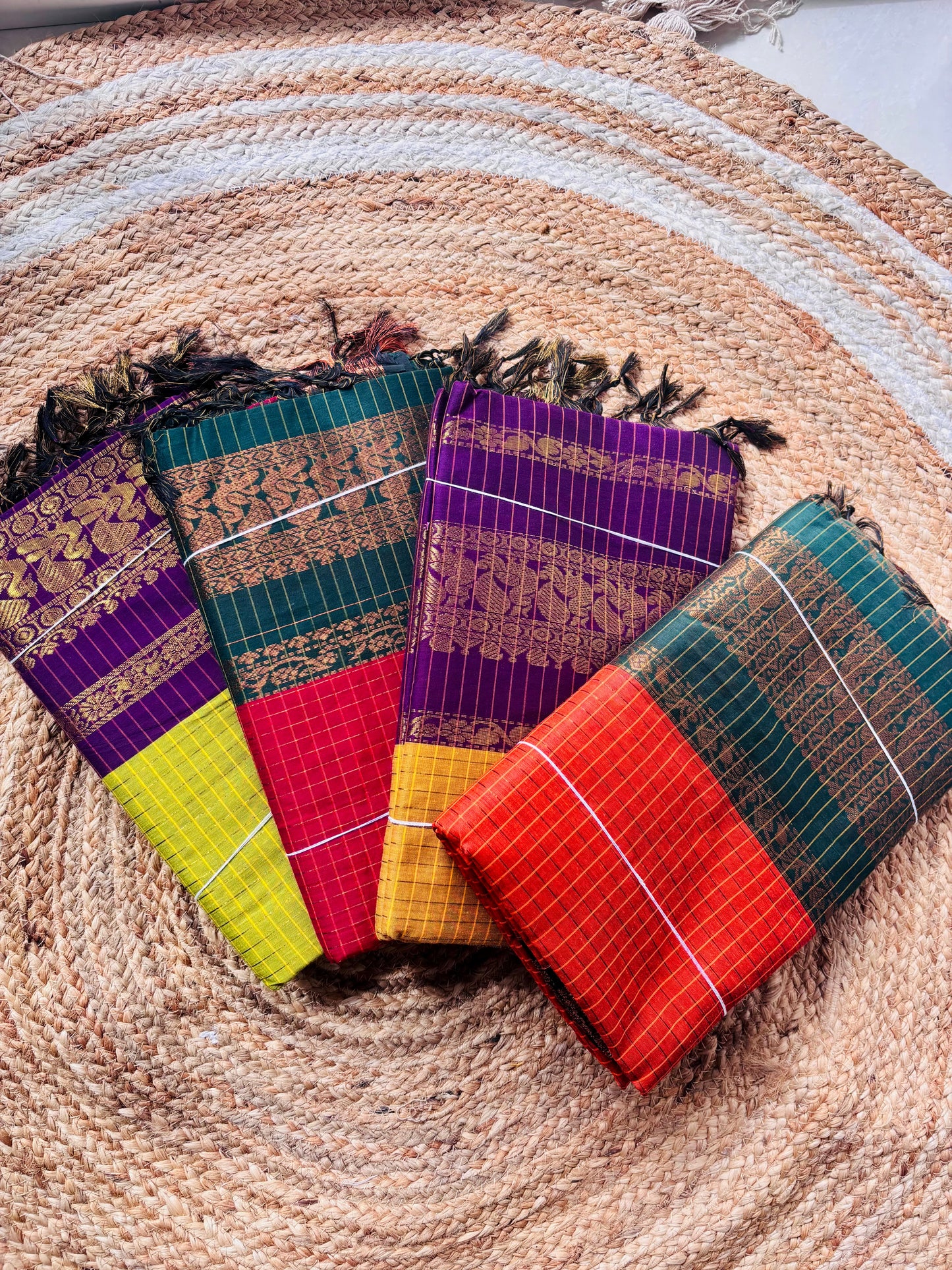 Premium silk cotton sarees with zari checks and contrast border