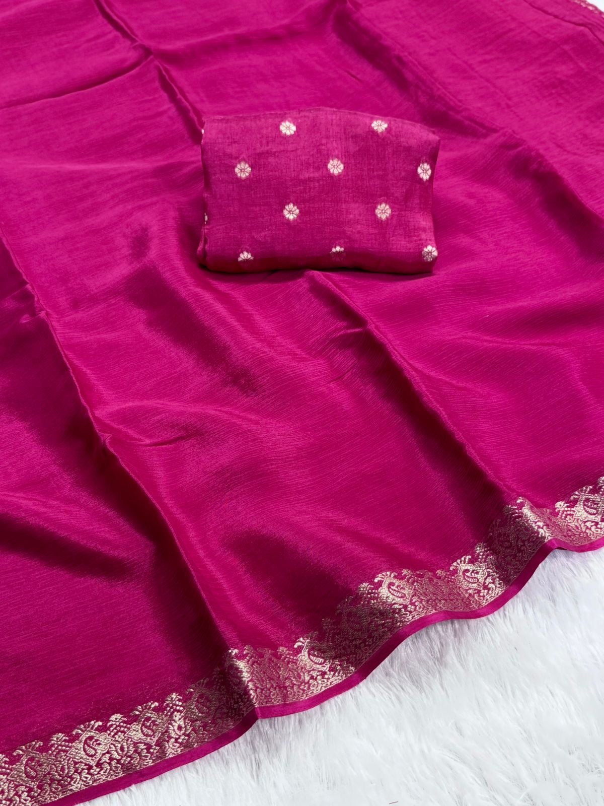 Beautiful viscous chinon saree with zari weaving border and viscous butta blouse
