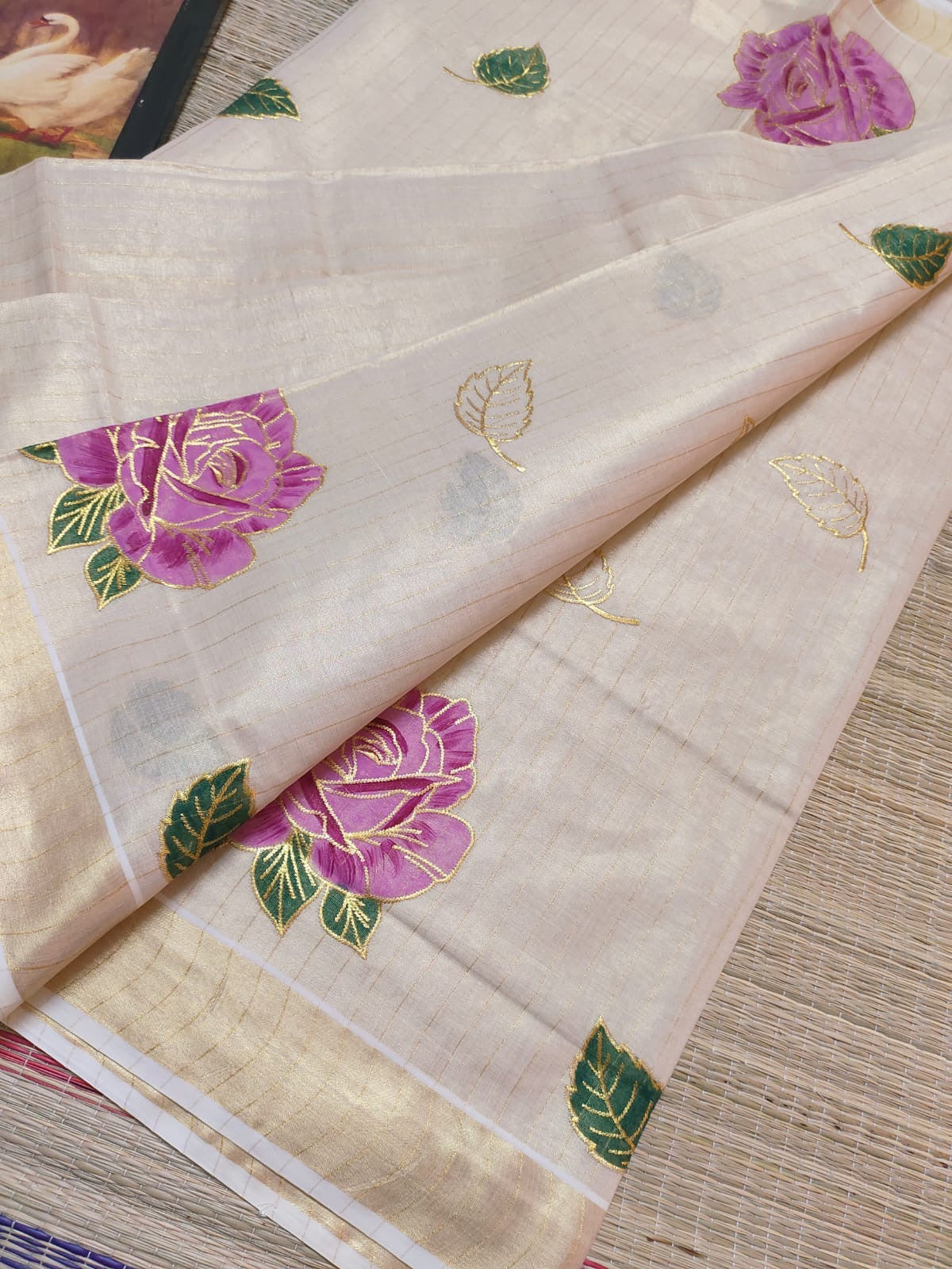 Premium Tissue Striped Saree with Rose Embroidery