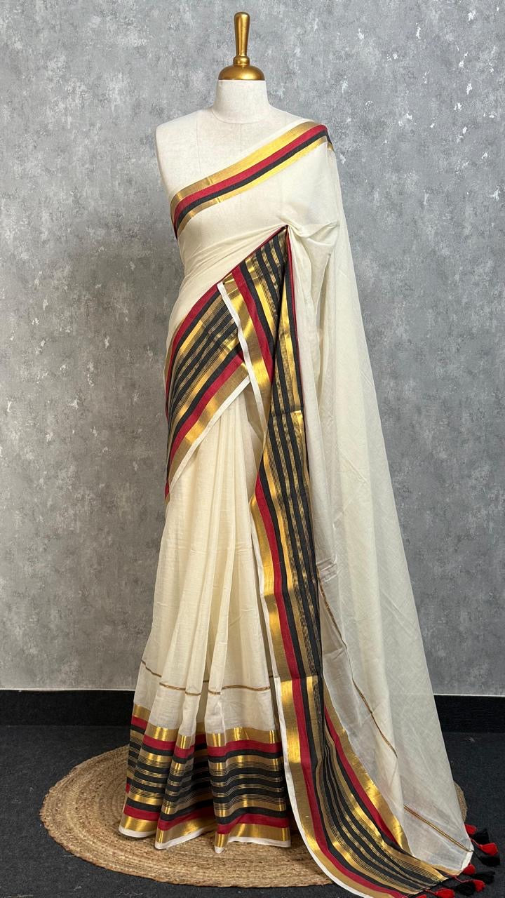 Pure and authentic mul cotton saree with black and red zari border