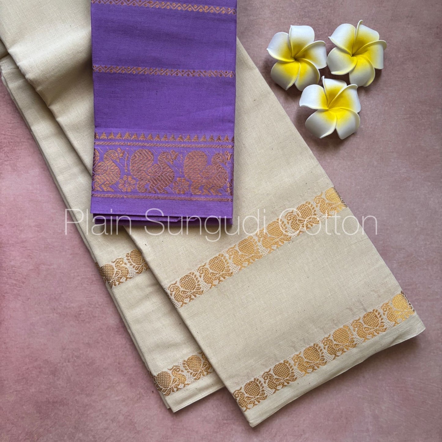 Pure plain sungudi cotton saree with double peacock border - white