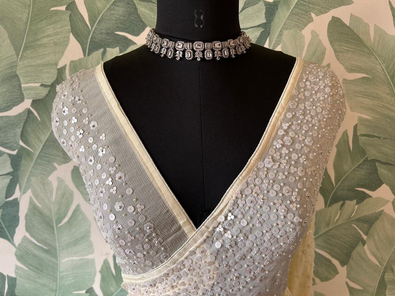 Pure Chinnon Silk saree with pearl sequins handwork