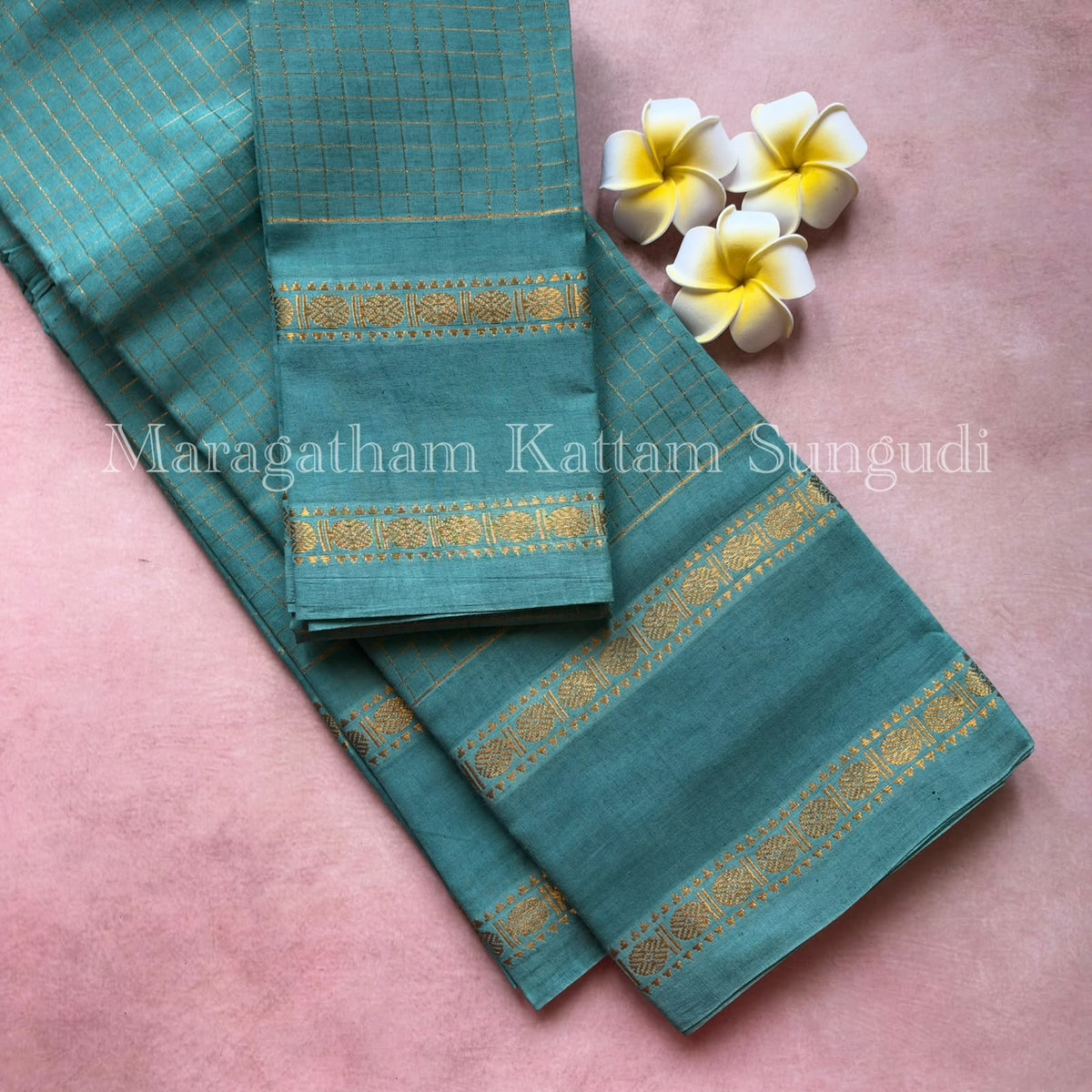 Premium pure sungudi cotton saree with checks and double rudraksham border