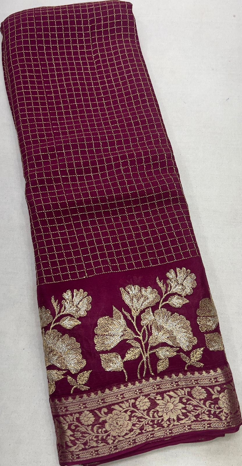 Gorgeous premium viscous chinon silk saree with zari checks and embroidered border
