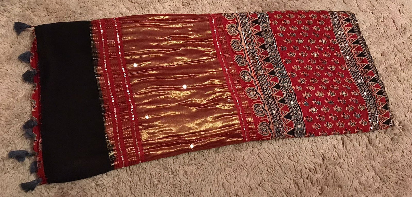 Pure Handblock ajrakh print mirror work modal silk saree (Prebooking 35 days)