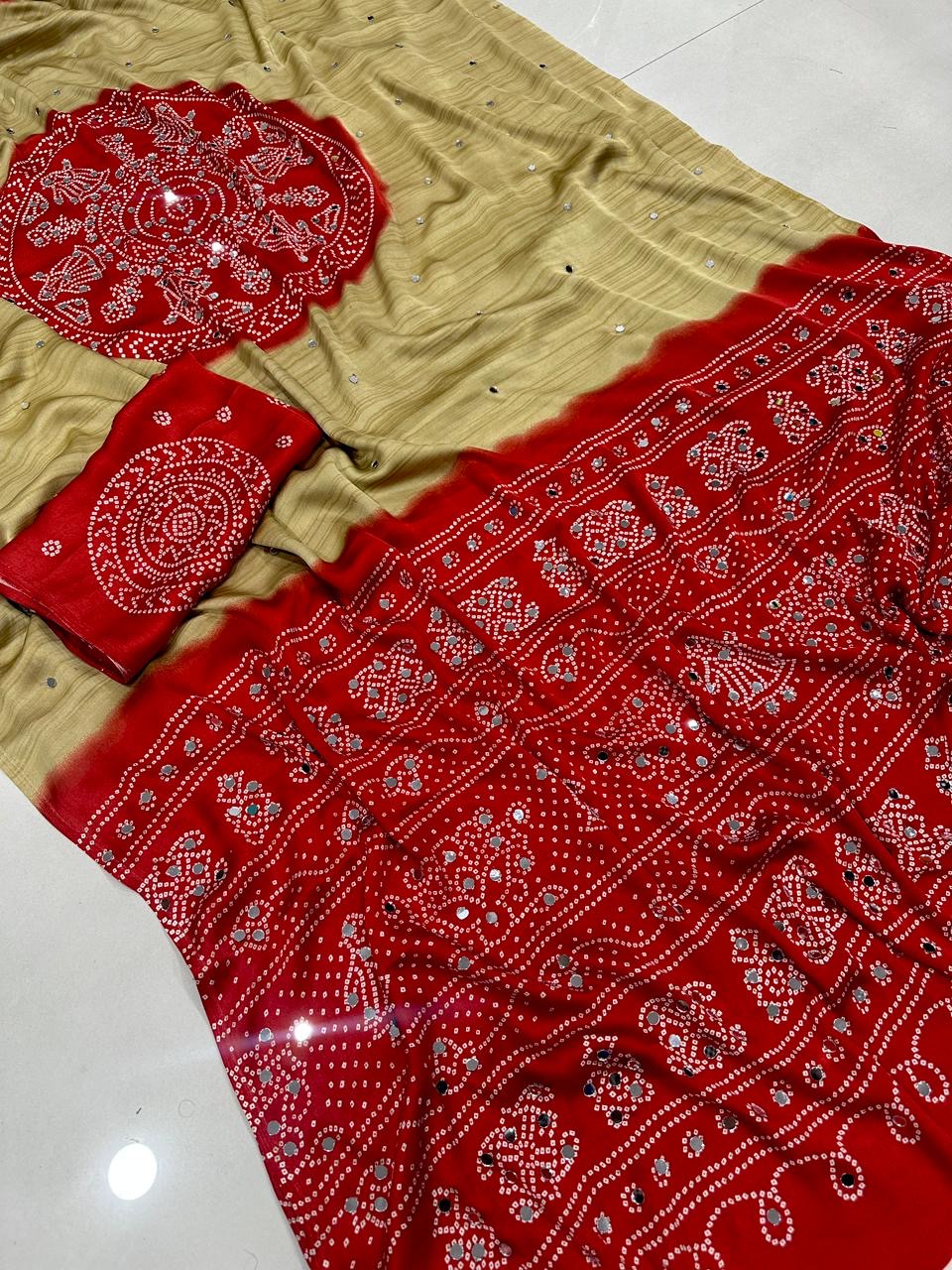 Soft satin crepe silk saree with Beautiful bandhini print and Real mirror work (prebooking)