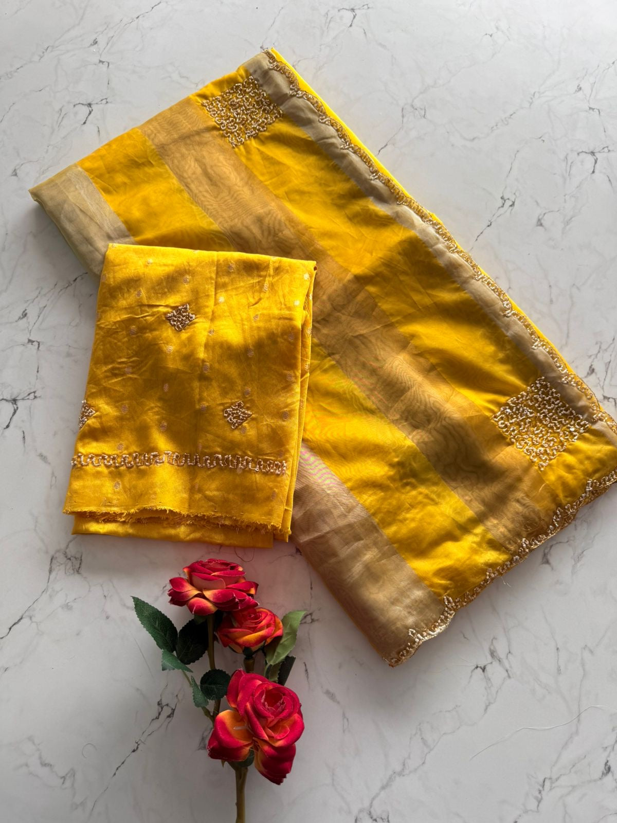 Beautiful viscose organza saree with khatli handwork and scalloped border