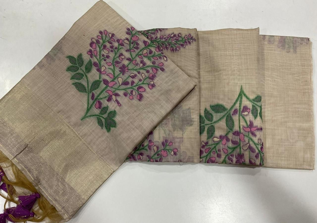 Soft off white muga cotton saree with floral weavings