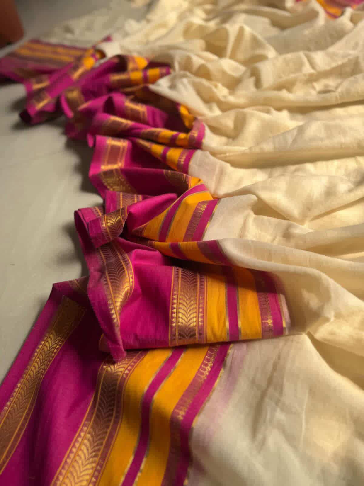 Pure authentic mul cotton saree with pink yellow zari woven border - without blouse