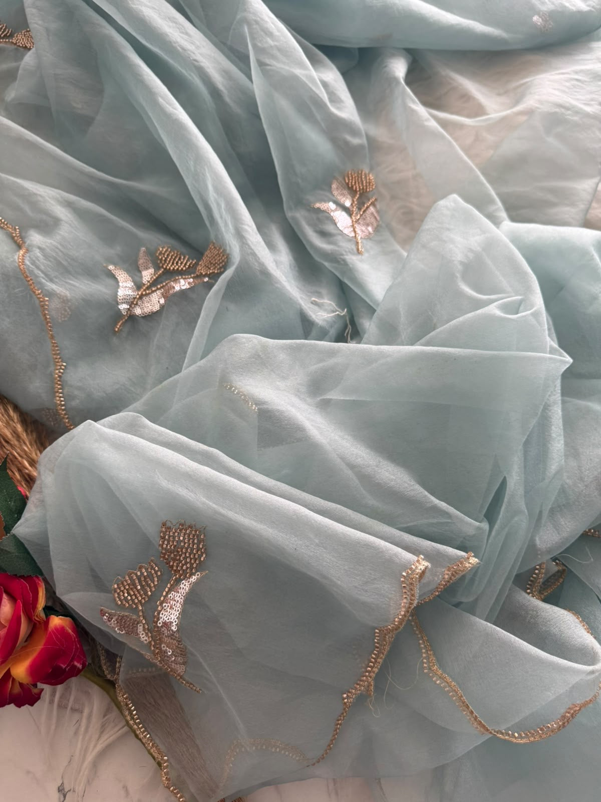 Premium semi tissue organza saree with beautiful cutdana work