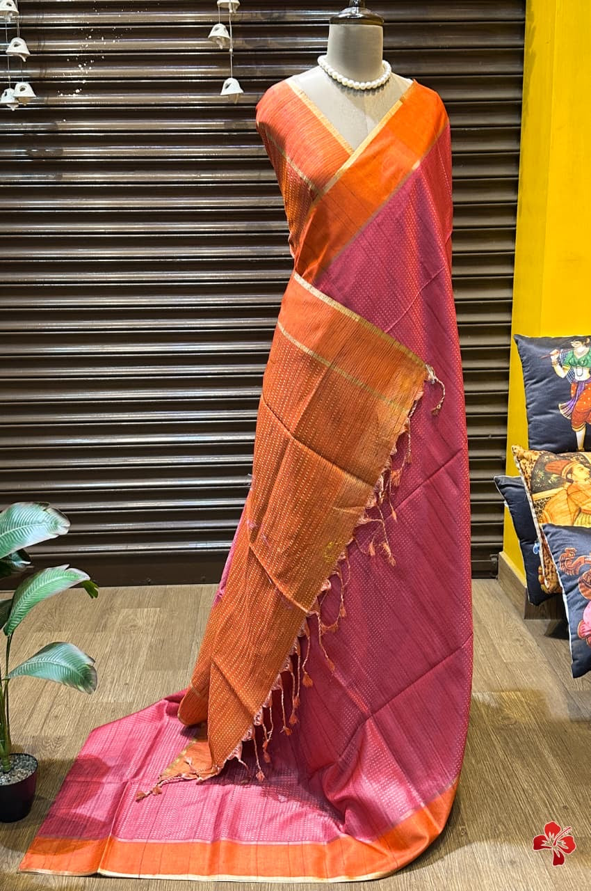 Beautiful semi matka saree with small zari weavings in body and contrast border
