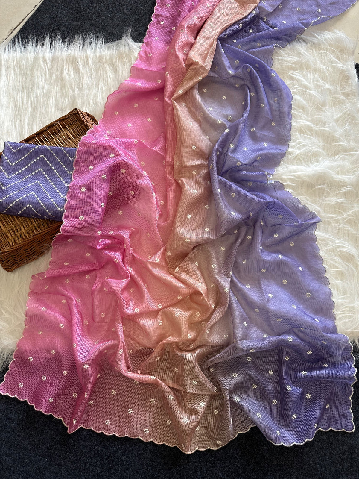 Beautiful kota doria saree with white buti weaving and scalloped border