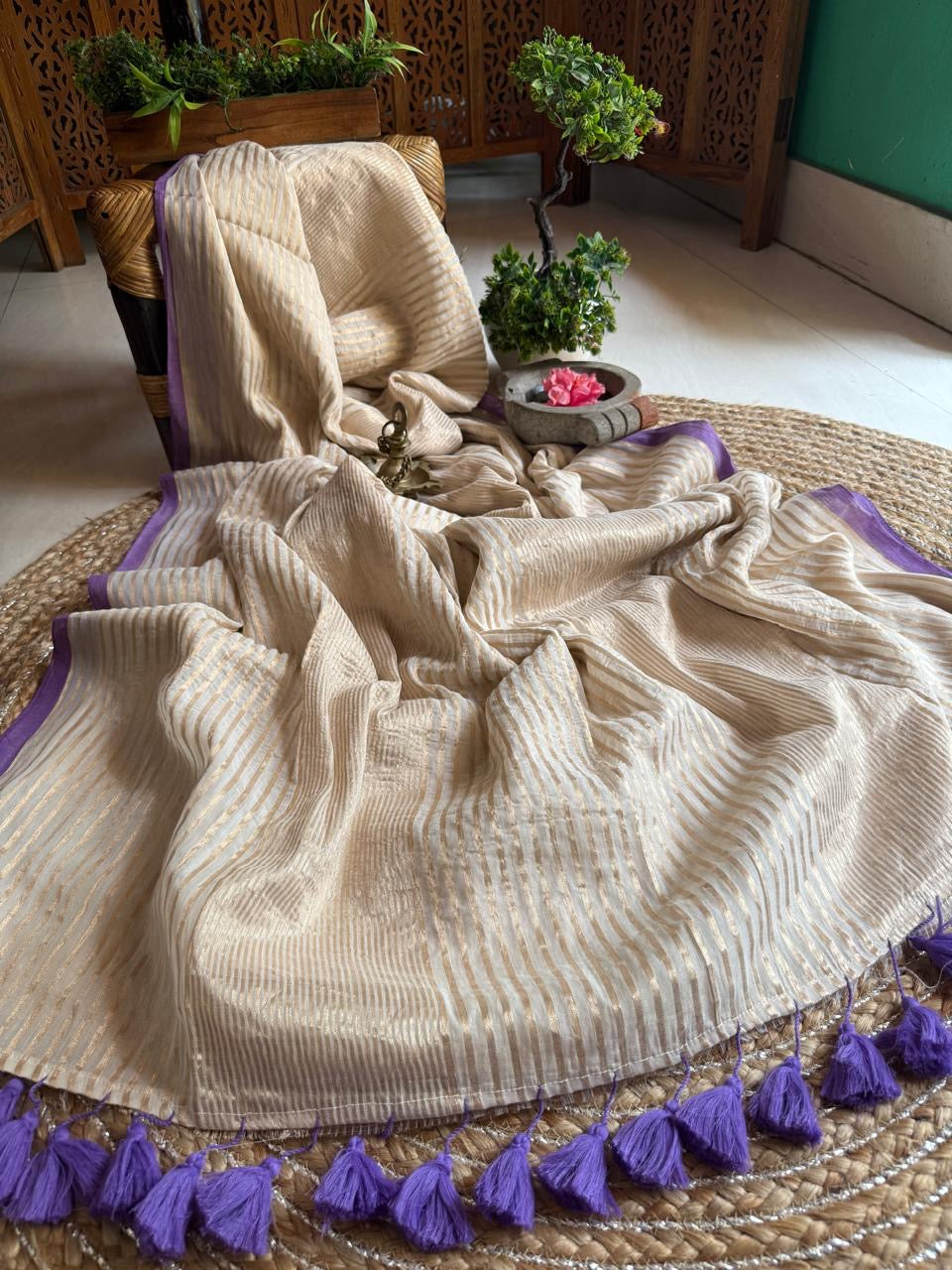 Mul cotton with zari stripes - purple