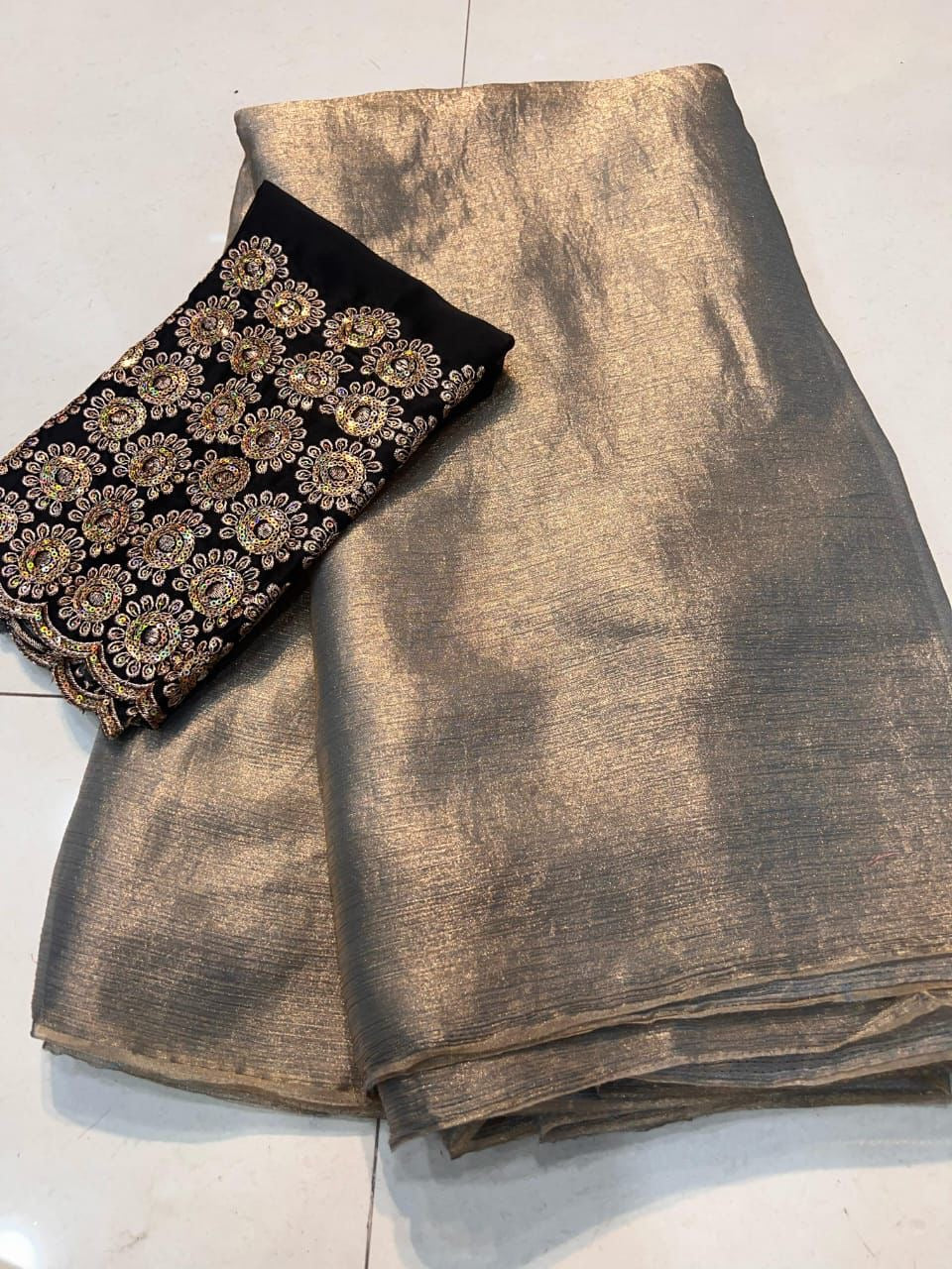 Shimmer chiffon saree with embroidered contrast blouse