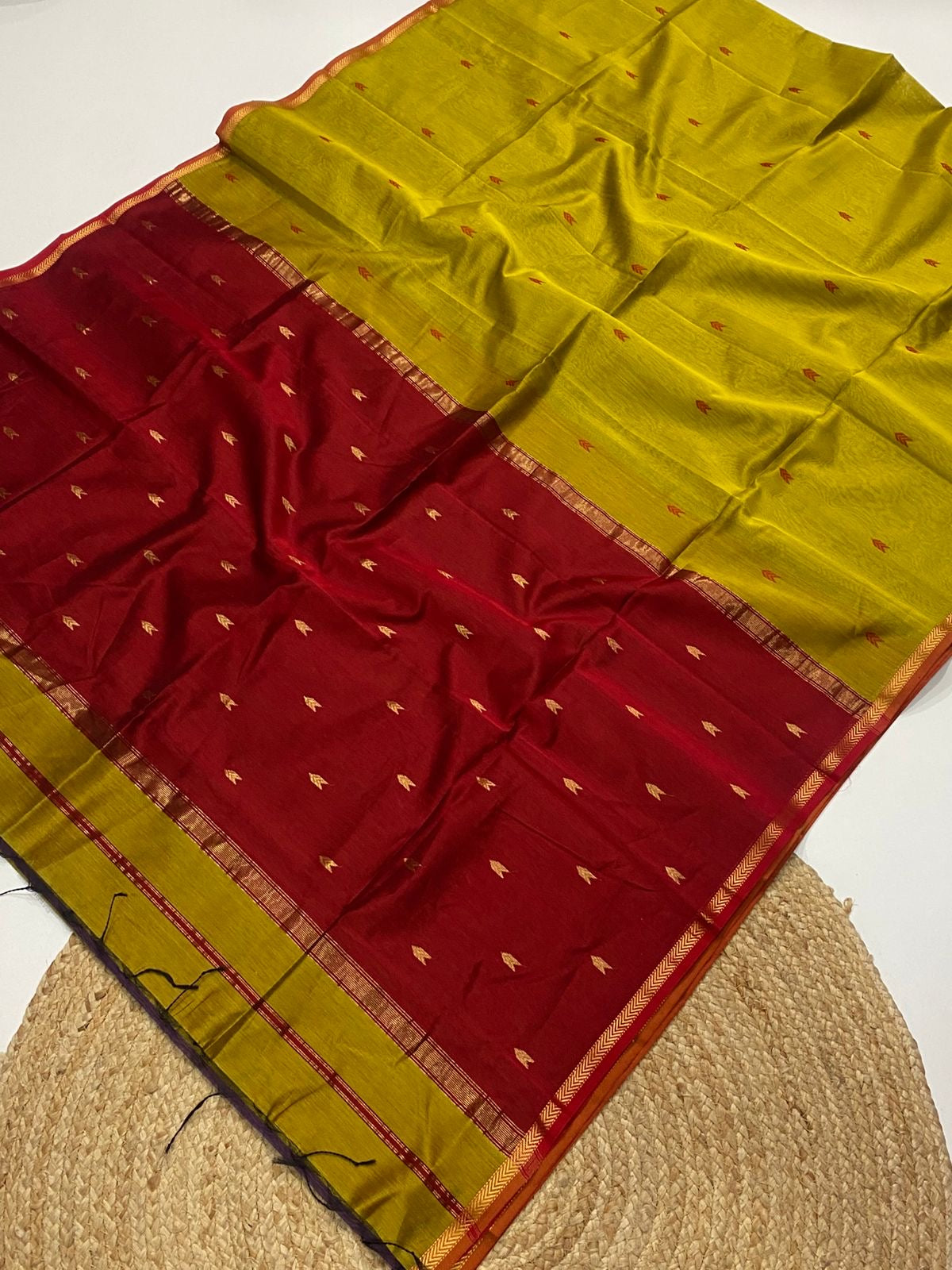 Pure Maheshwari silk cotton sarees with small border and buttis - contrast pallu and blouse